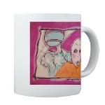 Coffee cup showing Teena Hughes' design of a French girl with hot air balloon in Paris