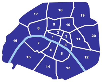 Paris Map showing the 20 districts of Paris