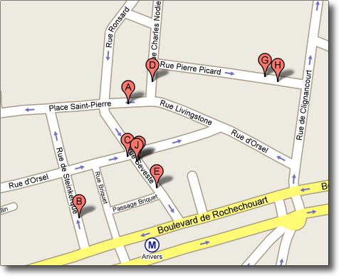 Textile  shops in Paris Map 75018 - fabric, material, notions.  haberdashery